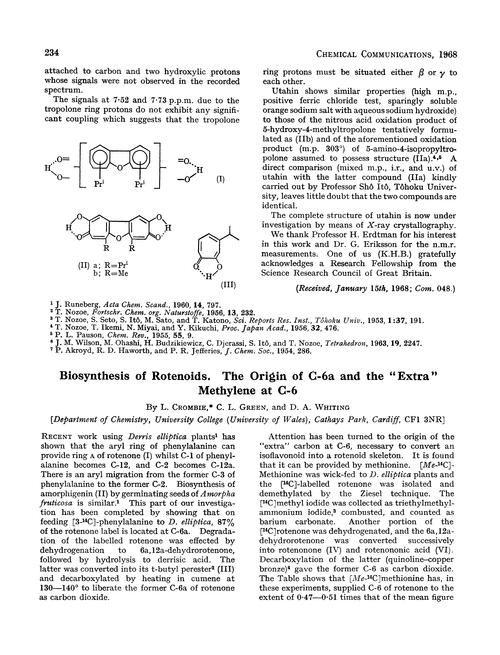 Biosynthesis of rotenoids. The origin of C-6a and the “extra” methylene at C-6