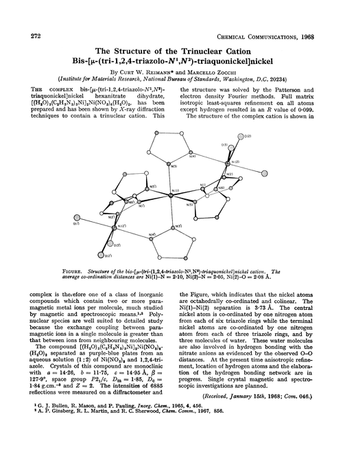 The structure of the trinuclear cation bis-[µ-(tri-1,2,4-triazolo-N1,N2)-triaquonickel]nickel