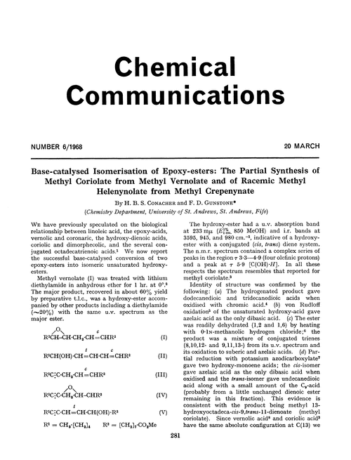Base-catalysed isomerisation of epoxy-esters: the partial synthesis of methyl coriolate from methyl vernolate and of racemic methyl helenynolate from methyl crepenynate