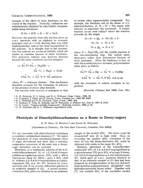 Photolysis of dimethylthiocarbamates as a route to deoxy-sugars