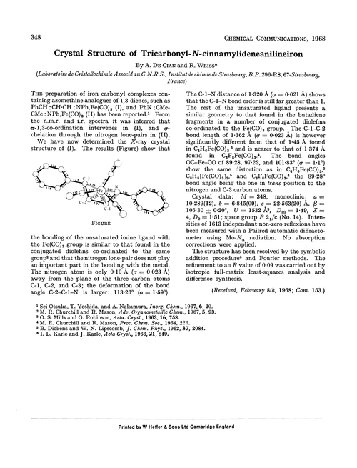 Crystal structure of tricarbonyl-N-cinnamylideneanilineiron