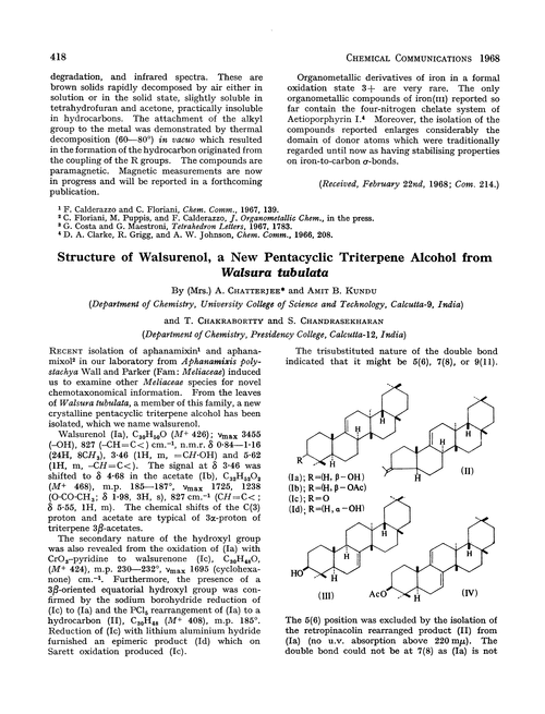 Structure of walsurenol, a new pentacyclic triterpene alcohol from Walsura tubulata