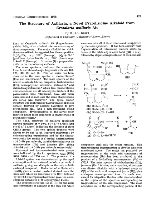 The structure of axillarin, a novel pyrrolizidine alkaloid from Crotalaria axillaris ait