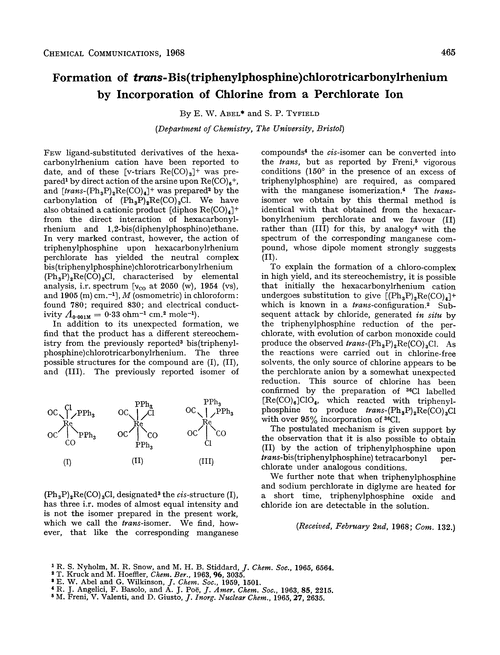 Formation of trans-bis(triphenylphosphine)chlorotricarbonylrhenium by incorporation of chlorine from a perchlorate ion