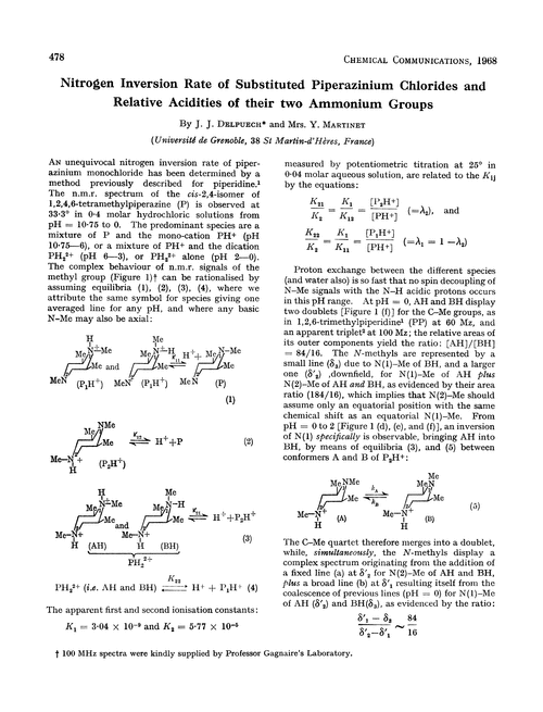 Nitrogen inversion rate of substituted piperazinium chlorides and relative acidities of their two ammonium groups