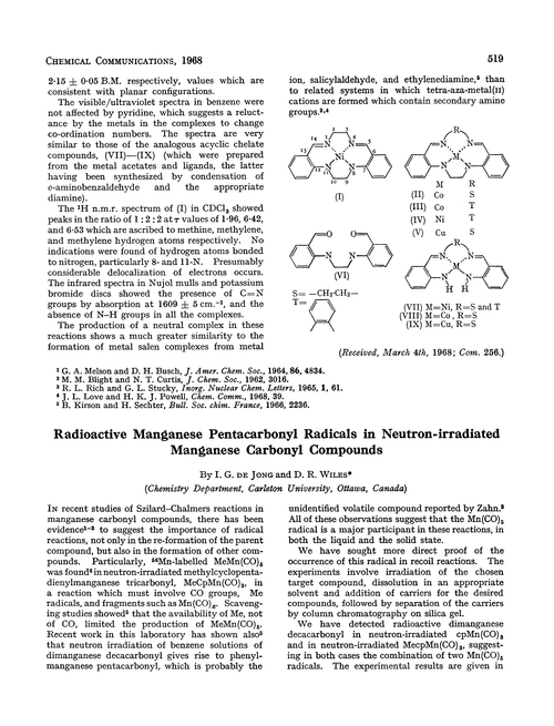 Radioactive manganese pentacarbonyl radicals in neutron-irradiated manganese carbonyl compounds