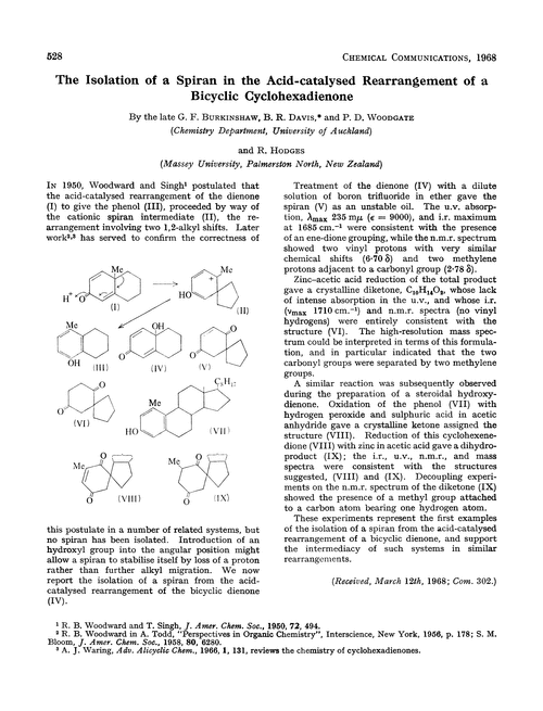 The isolation of a spiran in the acid-catalysed rearrangement of a bicyclic cyclohexadienone