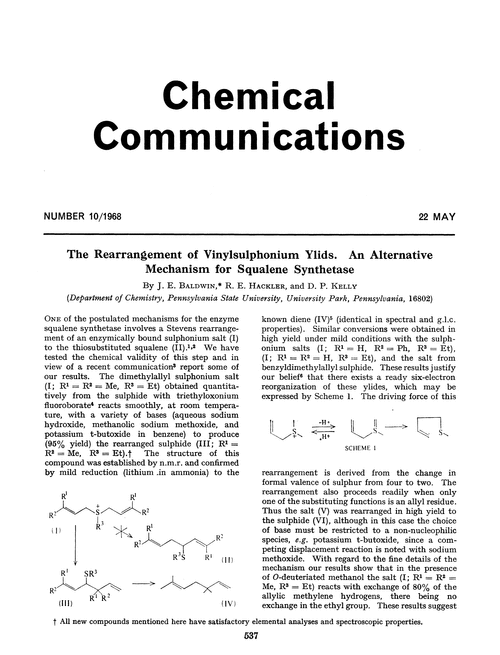 The rearrangement of vinylsulphonium ylids. An alternative mechanism for squalene synthetase