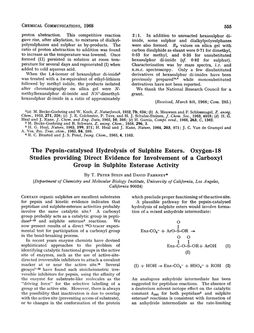 The pepsin-catalysed hydrolysis of sulphite esters. Oxygen-18 studies providing direct evidence for involvement of a carboxyl group in sulphite esterase activity