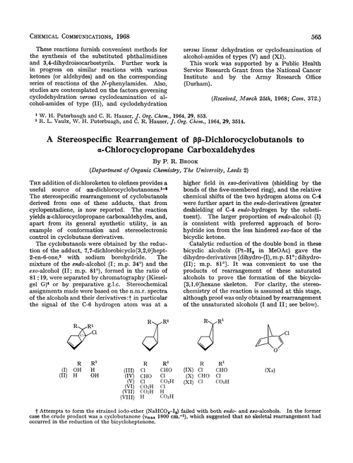 A stereospecific rearrangement of ββ-dichlorocyclobutanols to α-chlorocyclopropane carboxaldehydes