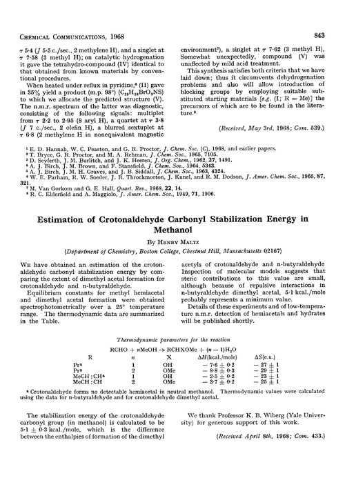 Estimation of crotonaldehyde carbonyl stabilization energy in methanol