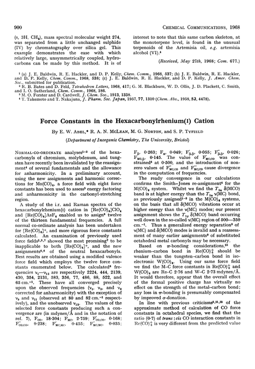 Force constants in the hexacarbonylrhenium(I) cation