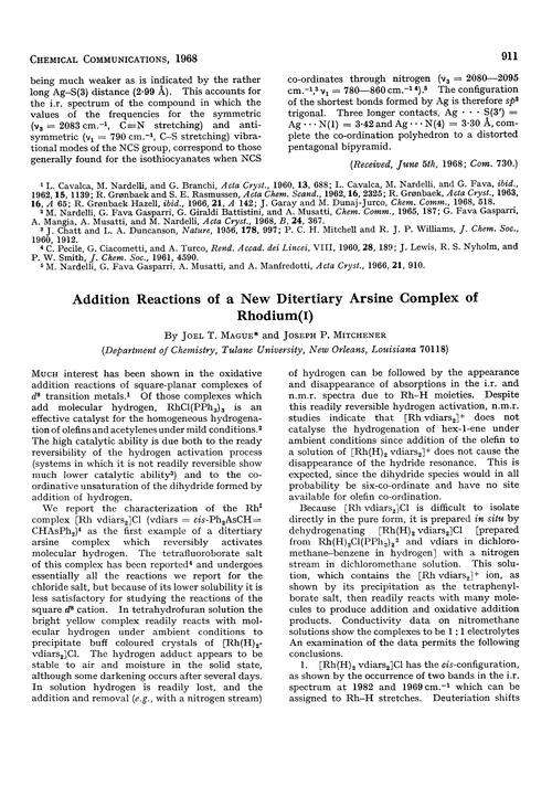 Addition reactions of a new ditertiary arsine complex of rhodium(I)