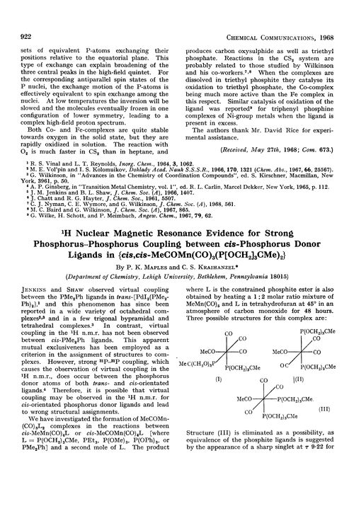 1H nuclear magnetic resonance evidence for strong phosphorus–phosphorus coupling between cis-phosphorus donor ligands in {cis,cis-MeCOMn(CO)3(P[OCH2]3CMe)2}