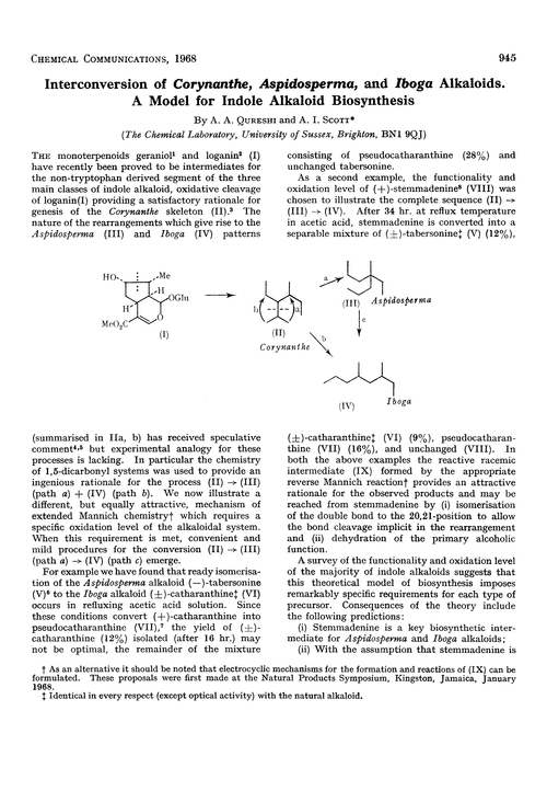 Interconversion of Corynanthe, aspidosperma, and Iboga alkaloids. A model for indole alkaloid biosynthesis