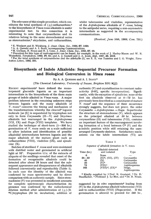 Biosynthesis of indole alkaloids: sequential precursor formation and biological conversion in Vinca rosea