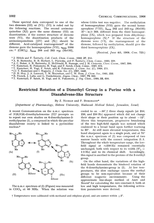 Restricted rotation of a dimethyl group in a purine with a diazafulvene-like structure