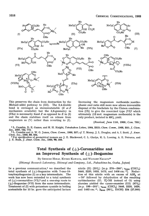 Total synthesis of (±)-coronaridine and an improved synthesis of (±)–ibogamine