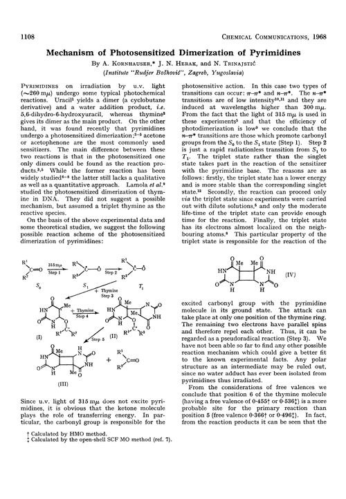 Mechanism of photosensitized dimerization of pyrimidines