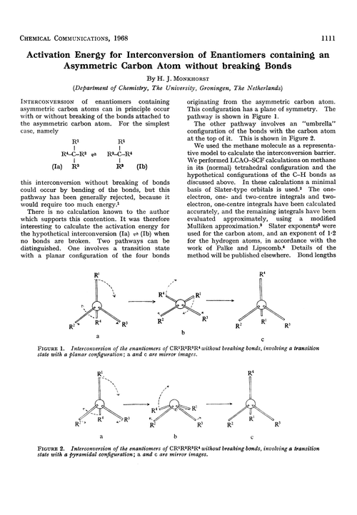 Activation energy for interconversion of enantiomers containing an asymmetric carbon atom without breaking bonds