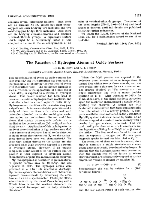 The reaction of hydrogen atoms at oxide surfaces