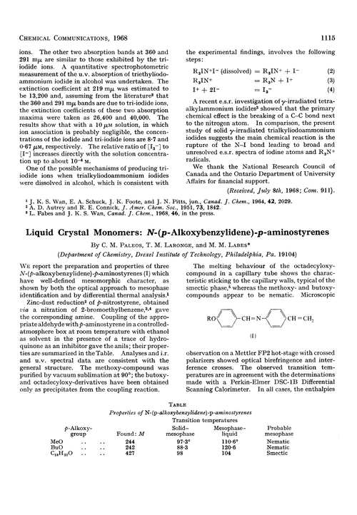 Liquid crystal monomers: N-(p-alkoxybenzylidene)-p-aminostyrenes
