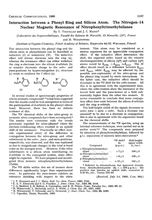 Interaction between a phenyl ring and silicon atom. The nitrogen–14 nuclear magnetic resonance of nitrophenyltrimethylsilanes