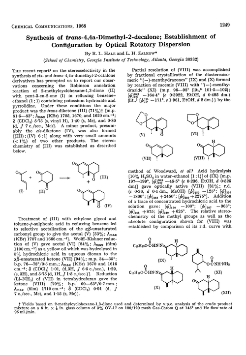 Synthesis of trans-4,4a-dimethyl-2-decalone; establishment of configuration by optical rotatory dispersion