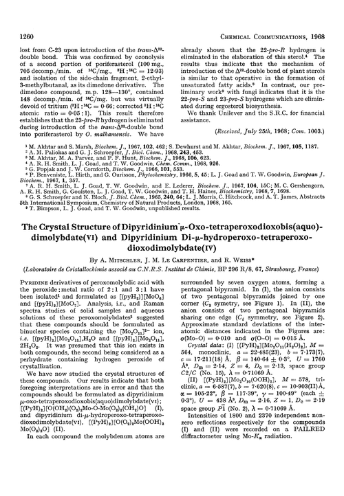 The crystal structure of dipyridinium µ-oxo-tetraperoxodioxobis(aquo)-dimolybdate(VI) and dipyridinium di-µ-hydroperoxo-tetraperoxo-dioxodimolybdate(IV)