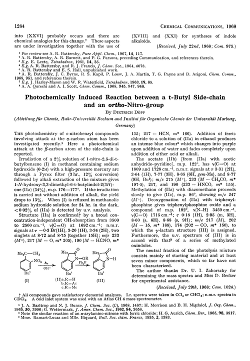 Photochemically induced reaction between a t-butyl side-chain and an ortho-nitro-group