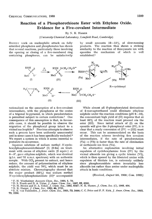 Reaction of a phosphorothioate ester with ethylene oxide. Evidence for a five-covalent intermediate