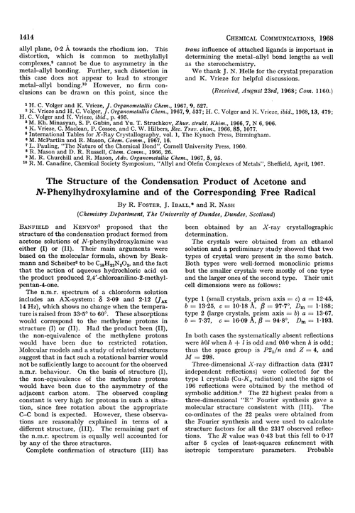 The structure of the condensation product of acetone and N-phenylhydroxylamine and of the corresponding free radical