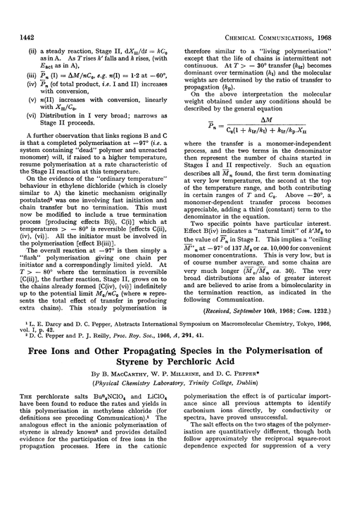 Free ions and other propagating species in the polymerisation of styrene by perchloric acid