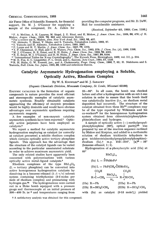 Catalytic asymmetric hydrogenation employing a soluble, optically active, rhodium complex