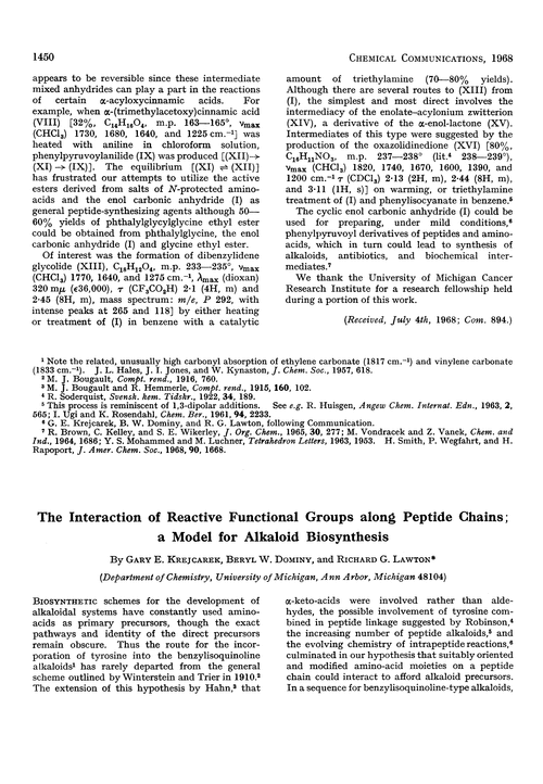 The interaction of reactive functional groups along peptide chains; a model for alkaloid biosynthesis