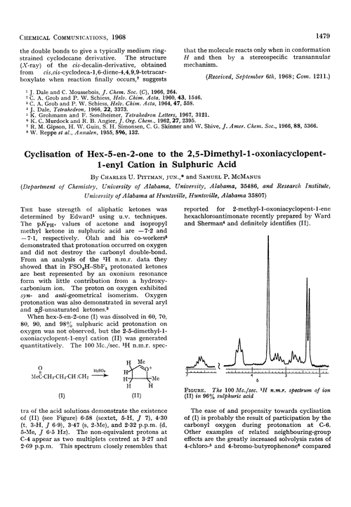 Cyclisation of hex-5-en-2-one to the 2,5-dimethyl-1-oxoniacyclopent-1-enyl cation in sulphuric acid