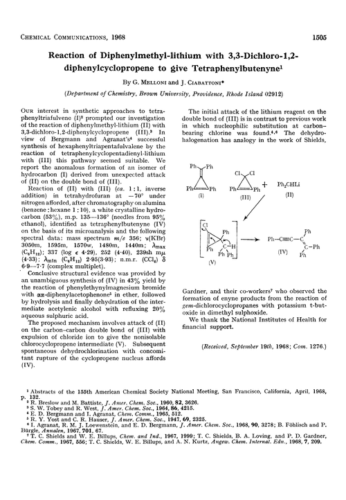 Reaction of diphenylmethyl-lithium with 3,3-dichloro-1,2-diphenylcyclopropene to give tetraphenylbutenyne