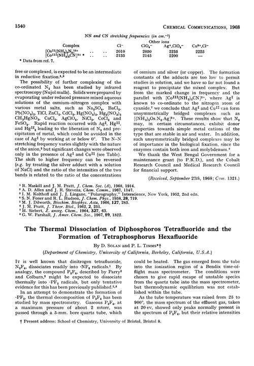 The thermal dissociation of diphosphoros tetrafluoride and the formation of tetraphosphorus hexafluoride