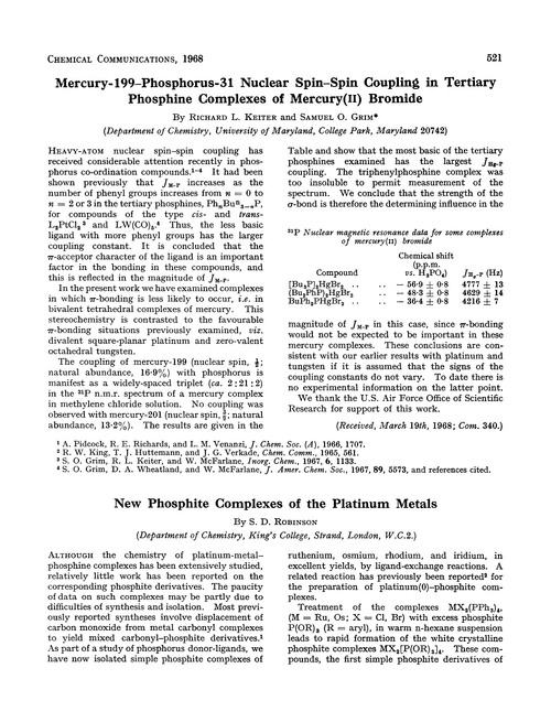 Mercury-199–phosphorus-31 nuclear spin–spin coupling in tertiary phosphine complexes of mercury(II) bromide