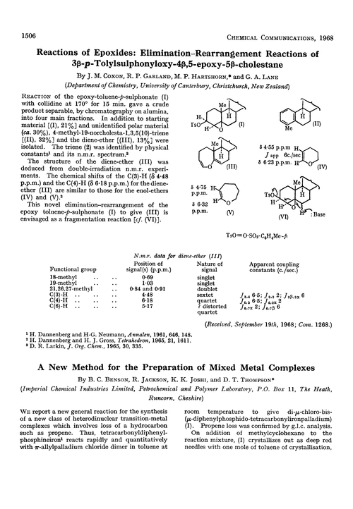Reactions of epoxides: elimination–rearrangement reactions of 3β-p-tolylsulphonyloxy-4β,5-epoxy-5β-cholestane