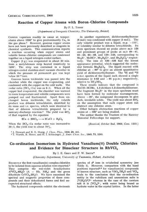 Co-ordination isomerism in hydrated vanadium(II) double chlorides and evidence for binuclear structure in RbVCl3