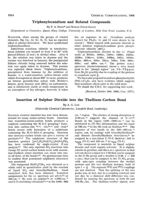 Insertion of sulphur dioxide into the thallium–carbon bond