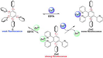 Graphical abstract: Highly sensitive and selective fluorescent sensor for Zn2+/Cu2+ and new approach for sensing Cu2+ by central metal displacement