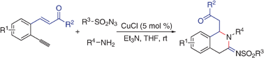 Graphical abstract: Diversity-oriented approach to 1,2-dihydroisoquinolin-3(4H)-imines viacopper(i)-catalyzed reaction of (E)-2-ethynylphenylchalcone, sulfonyl azide and amine