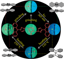 Graphical abstract: Reversible piezo- and photochromic behaviors accompanied by emission color switching of two anthracene-containing organic molecules