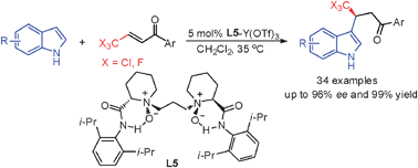 Graphical abstract: Highly enantioselective yttrium(iii)-catalyzed Friedel–Crafts alkylation of β-trichloro(trifluoro)methyl aryl enones with indoles