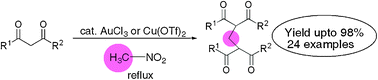 Graphical abstract: Gold/copper-catalyzed activation of the aci-form of nitromethane in the synthesis of methylene-bridged bis-1,3-dicarbonyl compounds