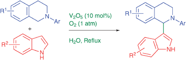 Graphical abstract: An oxidative cross-dehydrogenative-coupling reaction in water using molecular oxygen as the oxidant: vanadium catalyzed indolation of tetrahydroisoquinolines