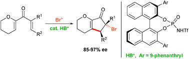 Graphical abstract: Asymmetric Brønsted acid catalyzed carbonyl activation – organocatalytic domino electrocyclization–halogenation reaction