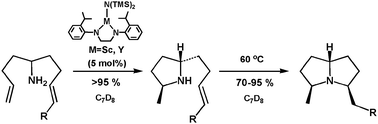 Graphical abstract: On the stereoselective bicyclization of aminodienes catalyzed by chelating diamide complexes of the group 3 metals. A direct comparison of Sc(iii) and Y(iii) bis(amide)s with an application to the synthesis of alkaloid 195F